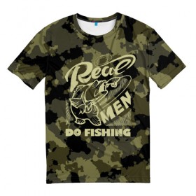 Мужская футболка 3D с принтом Real men do fishing в Тюмени, 100% полиэфир | прямой крой, круглый вырез горловины, длина до линии бедер | bait | black | fish | fisherman | fishing | hook | man | white | белый | занимается | камуфляж | крючок | мужчина | наживка | настоящий | реальный | рыба | рыбак | рыбалка | черный