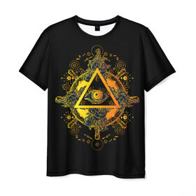 Мужская футболка 3D с принтом Всевидящее око в Тюмени, 100% полиэфир | прямой крой, круглый вырез горловины, длина до линии бедер | black | esoteric | eye | mystic | occult | orange | symbol | triangle | yellow | глаз | желтый | мистика | оккультизм | око | оранжевый | символ | треугольник | черный | эзотерика