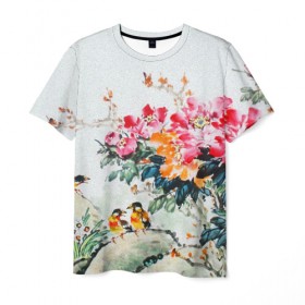 Мужская футболка 3D с принтом Японские цветы в Тюмени, 100% полиэфир | прямой крой, круглый вырез горловины, длина до линии бедер | japan | japanese | искусство | картина | цветы | япония | японская гравюра | японская картина