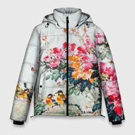 Мужская зимняя куртка 3D с принтом Японские цветы в Тюмени, верх — 100% полиэстер; подкладка — 100% полиэстер; утеплитель — 100% полиэстер | длина ниже бедра, свободный силуэт Оверсайз. Есть воротник-стойка, отстегивающийся капюшон и ветрозащитная планка. 

Боковые карманы с листочкой на кнопках и внутренний карман на молнии. | japan | japanese | искусство | картина | цветы | япония | японская гравюра | японская картина