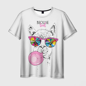 Мужская футболка 3D с принтом Because cool в Тюмени, 100% полиэфир | прямой крой, круглый вырез горловины, длина до линии бедер | alpaca | animal | chewing | cool | funny | gum | head | llama | muzzle | puffed up | rainbow | альпака | голова | жевательная | животное | забавный | лама | надутая | очки | прикольный | радужные | резинка | смешная