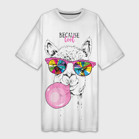 Платье-футболка 3D с принтом Because cool в Тюмени,  |  | alpaca | animal | chewing | cool | funny | gum | head | llama | muzzle | puffed up | rainbow | альпака | голова | жевательная | животное | забавный | лама | надутая | очки | прикольный | радужные | резинка | смешная