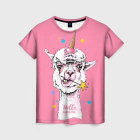 Женская футболка 3D с принтом Hello llamacorn в Тюмени, 100% полиэфир ( синтетическое хлопкоподобное полотно) | прямой крой, круглый вырез горловины, длина до линии бедер | alpaca | animal | carnival | cool | cup | head | horn | ice cream | llama | look | pink | slogan | star | unicorn | waffle | альпака | вафельный | взгляд | голова | единорог | животное | звезда | карнавал | лама | мороженое | привет | прикольный | р