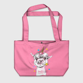 Пляжная сумка 3D с принтом Hello llamacorn  в Тюмени, 100% полиэстер | застегивается на металлическую кнопку; внутренний карман застегивается на молнию. Стенки укреплены специальным мягким материалом, чтобы защитить содержимое от несильных ударов
 | alpaca | animal | carnival | cool | cup | head | horn | ice cream | llama | look | pink | slogan | star | unicorn | waffle | альпака | вафельный | взгляд | голова | единорог | животное | звезда | карнавал | лама | мороженое | привет | прикольный | р