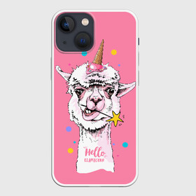 Чехол для iPhone 13 mini с принтом Hello llamacorn в Тюмени,  |  | alpaca | animal | carnival | cool | cup | head | horn | ice cream | llama | look | pink | slogan | star | unicorn | waffle | альпака | вафельный | взгляд | голова | единорог | животное | звезда | карнавал | лама | мороженое | привет | прикольный | р