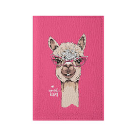 Обложка для паспорта матовая кожа с принтом Romantic llama в Тюмени, натуральная матовая кожа | размер 19,3 х 13,7 см; прозрачные пластиковые крепления | alpaca | animal | cool | flowers | head | heart | inscription | llama | look | pink | romance | альпака | взгляд | голова | животное | лама | любовь | надпись | очки | прикольный | розовые | романтика | сердце | цветы