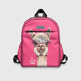 Детский рюкзак 3D с принтом Romantic llama в Тюмени, 100% полиэстер | лямки с регулируемой длиной, сверху петелька, чтобы рюкзак можно было повесить на вешалку. Основное отделение закрывается на молнию, как и внешний карман. Внутри дополнительный карман. По бокам два дополнительных кармашка | Тематика изображения на принте: alpaca | animal | cool | flowers | head | heart | inscription | llama | look | pink | romance | альпака | взгляд | голова | животное | лама | любовь | надпись | очки | прикольный | розовые | романтика | сердце | цветы