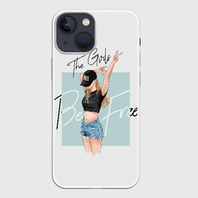 Чехол для iPhone 13 mini с принтом The girls be free в Тюмени,  |  | baseball cap | blonde | denim | figure | freedom | gesture | girl | goat | hands | shorts | slim | slogan | topic | v | victoria | victory | бейсболка | блондинка | виктория | девочка | девушка | девушки будут свободны | джинсов | жест | коза | побе