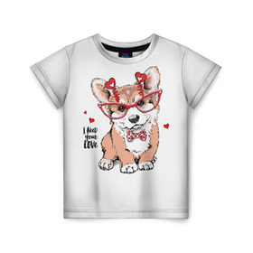Детская футболка 3D с принтом I need your love в Тюмени, 100% гипоаллергенный полиэфир | прямой крой, круглый вырез горловины, длина до линии бедер, чуть спущенное плечо, ткань немного тянется | animal | bow | bow tie | breed | cute | dog | funny | hearts | i need your love | polka dot | puppy | red | the inscription | white | бант | белый | вельш корги пемброк | галстук бабочка | горошек | животное | забавный | красный | любовь | милый | м