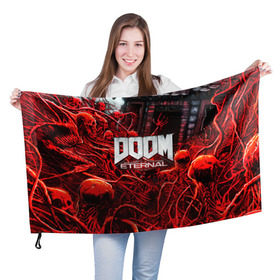 Флаг 3D с принтом DOOM ETERNAL в Тюмени, 100% полиэстер | плотность ткани — 95 г/м2, размер — 67 х 109 см. Принт наносится с одной стороны | Тематика изображения на принте: doom | doom eternal | game | дум