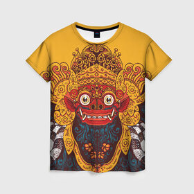 Женская футболка 3D с принтом Баронг в Тюмени, 100% полиэфир ( синтетическое хлопкоподобное полотно) | прямой крой, круглый вырез горловины, длина до линии бедер | asian | background | balinese | barong | demon | ethnic | exotic | face | fangs | illustration | indonesian | look | mask | wild | yellow | азиатский | балийский | баронг | взгляд | демон | дикий | жёлтый | иллюстрация | индонезийский | клыки | лицо | мас