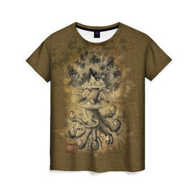 Женская футболка 3D с принтом Дерево жизни в Тюмени, 100% полиэфир ( синтетическое хлопкоподобное полотно) | прямой крой, круглый вырез горловины, длина до линии бедер | 3d | 9 миров | абстракция | арт | дерево жизни | индраксиль | песочный