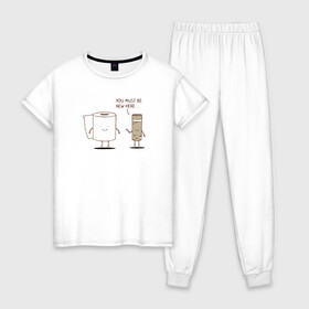 Женская пижама хлопок с принтом Новичок в Тюмени, 100% хлопок | брюки и футболка прямого кроя, без карманов, на брюках мягкая резинка на поясе и по низу штанин | втулка | новенький | новичок | работа | рулон | туалетная бумага