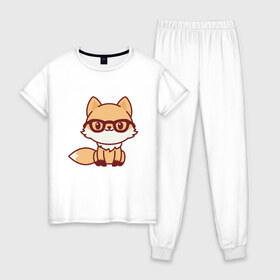 Женская пижама хлопок с принтом Лисенок в очках в Тюмени, 100% хлопок | брюки и футболка прямого кроя, без карманов, на брюках мягкая резинка на поясе и по низу штанин | fox | лис | лиса | лисенок | милая | пушистик | рыжая