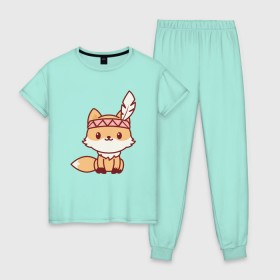 Женская пижама хлопок с принтом Лисенок индеец в Тюмени, 100% хлопок | брюки и футболка прямого кроя, без карманов, на брюках мягкая резинка на поясе и по низу штанин | fox | лис | лиса | лисенок | лисица | милая | пушистик | рыжая