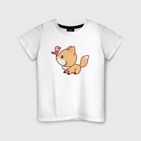 Детская футболка хлопок с принтом Лисенок с птичкой на носу в Тюмени, 100% хлопок | круглый вырез горловины, полуприлегающий силуэт, длина до линии бедер | Тематика изображения на принте: fox | лис | лиса | лисенок | лисица | милая | пушистик | рыжая
