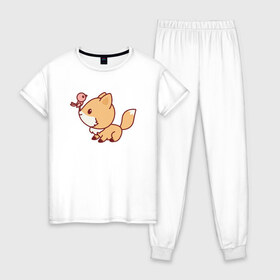 Женская пижама хлопок с принтом Лисенок с птичкой на носу в Тюмени, 100% хлопок | брюки и футболка прямого кроя, без карманов, на брюках мягкая резинка на поясе и по низу штанин | fox | лис | лиса | лисенок | лисица | милая | пушистик | рыжая