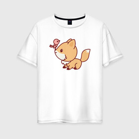 Женская футболка хлопок Oversize с принтом Лисенок с птичкой на носу в Тюмени, 100% хлопок | свободный крой, круглый ворот, спущенный рукав, длина до линии бедер
 | fox | лис | лиса | лисенок | лисица | милая | пушистик | рыжая