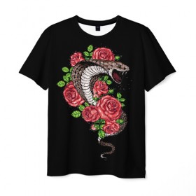 Мужская футболка 3D с принтом Кобра в Тюмени, 100% полиэфир | прямой крой, круглый вырез горловины, длина до линии бедер | amphibian | animal | cobra | fangs | poison | red | roses | scales | snake | животное | земноводное | змея | клыки | кобра | красные | розы | чешуя | яд