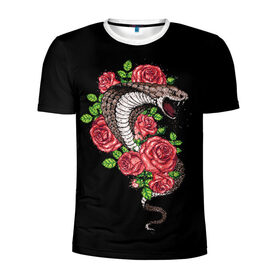 Мужская футболка 3D спортивная с принтом Кобра в Тюмени, 100% полиэстер с улучшенными характеристиками | приталенный силуэт, круглая горловина, широкие плечи, сужается к линии бедра | Тематика изображения на принте: amphibian | animal | cobra | fangs | poison | red | roses | scales | snake | животное | земноводное | змея | клыки | кобра | красные | розы | чешуя | яд