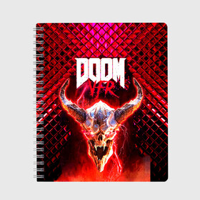 Тетрадь с принтом Doom Enternal в Тюмени, 100% бумага | 48 листов, плотность листов — 60 г/м2, плотность картонной обложки — 250 г/м2. Листы скреплены сбоку удобной пружинной спиралью. Уголки страниц и обложки скругленные. Цвет линий — светло-серый
 | 3d | doom enternal | игра | компьютерная | логотип | планета | темный | шутер