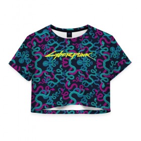 Женская футболка Cropp-top с принтом Cyberpunk 2077 Neon Snakes в Тюмени, 100% полиэстер | круглая горловина, длина футболки до линии талии, рукава с отворотами | 