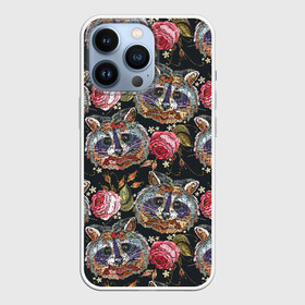 Чехол для iPhone 13 Pro с принтом Еноты в Тюмени,  |  | animals | art | drawing | embroidery | flower | raccoons | rose | touches | wild | вышивка | дикие | еноты | животные | звери | искусство | рисунок | роза | цветок | штрихи