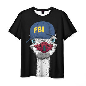 Мужская футболка 3D с принтом FBI в Тюмени, 100% полиэфир | прямой крой, круглый вырез горловины, длина до линии бедер | beak | bird | blue | cap | fbi | funny | head | inscription | long | neck | ostrich | red | весёлый | голова | длинная | кепка | клюв | красный | надпись | птица | синяя | смешной | страус | фбр | шея