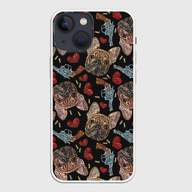 Чехол для iPhone 13 mini с принтом Бульдоги в Тюмени,  |  | animal | breed | bulldogs | cartridges | dash | dogs | drawing | embroidery | french | graphic | hearts | muzzle | weapons | бульдоги | вышивка | графический | животное | оружие | патроны | пистолеты | порода | рисунок | сердца | собаки | французс