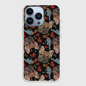 Чехол для iPhone 13 Pro с принтом Бульдоги в Тюмени,  |  | animal | breed | bulldogs | cartridges | dash | dogs | drawing | embroidery | french | graphic | hearts | muzzle | weapons | бульдоги | вышивка | графический | животное | оружие | патроны | пистолеты | порода | рисунок | сердца | собаки | французс