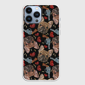 Чехол для iPhone 13 Pro Max с принтом Бульдоги в Тюмени,  |  | animal | breed | bulldogs | cartridges | dash | dogs | drawing | embroidery | french | graphic | hearts | muzzle | weapons | бульдоги | вышивка | графический | животное | оружие | патроны | пистолеты | порода | рисунок | сердца | собаки | французс