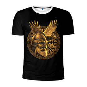 Мужская футболка 3D спортивная с принтом Один в Тюмени, 100% полиэстер с улучшенными характеристиками | приталенный силуэт, круглая горловина, широкие плечи, сужается к линии бедра | beard | celtic | emblem | face | golden | helmet | myth | one | ornament | raven | runes | sword | viking | warrior | борода | викинг | воин | ворон | золотой | кельтский | лицо | меч | миф | один | орнамент | руны | шлем | эмблема