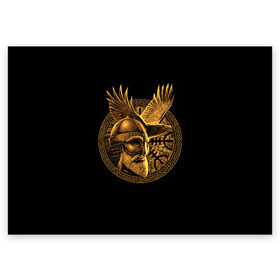 Поздравительная открытка с принтом Один в Тюмени, 100% бумага | плотность бумаги 280 г/м2, матовая, на обратной стороне линовка и место для марки
 | Тематика изображения на принте: beard | celtic | emblem | face | golden | helmet | myth | one | ornament | raven | runes | sword | viking | warrior | борода | викинг | воин | ворон | золотой | кельтский | лицо | меч | миф | один | орнамент | руны | шлем | эмблема