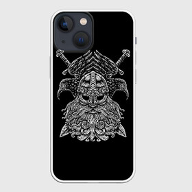 Чехол для iPhone 13 mini с принтом Один в Тюмени,  |  | Тематика изображения на принте: beard | character | emblem | face | helmet | mythical | one | sword | viking | warrior | борода | викинг | воин | лицо | меч | мифический | один | персонаж | шлем | эмблема