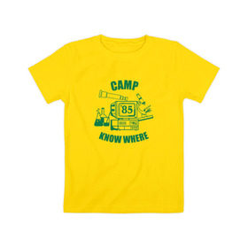 Детская футболка хлопок с принтом CAMP KNOW WHERE в Тюмени, 100% хлопок | круглый вырез горловины, полуприлегающий силуэт, длина до линии бедер | 80 е | 85 | camp know where | camp nowhere | dustin | netflix | stranger things | дастин | кепка дастина | нетфликс | очень странные дела