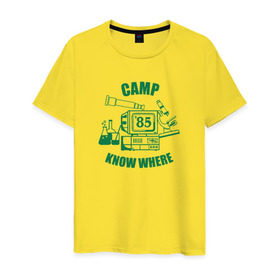 Мужская футболка хлопок с принтом CAMP KNOW WHERE в Тюмени, 100% хлопок | прямой крой, круглый вырез горловины, длина до линии бедер, слегка спущенное плечо. | 80 е | 85 | camp know where | camp nowhere | dustin | netflix | stranger things | дастин | кепка дастина | нетфликс | очень странные дела