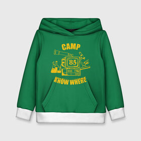 Детская толстовка 3D с принтом CAMP KNOW WHERE в Тюмени, 100% полиэстер | двухслойный капюшон со шнурком для регулировки, мягкие манжеты на рукавах и по низу толстовки, спереди карман-кенгуру с мягким внутренним слоем | 80 е | 85 | camp know where | camp nowhere | dustin | netflix | stranger things | дастин | кепка дастина | нетфликс | очень странные дела