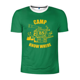 Мужская футболка 3D спортивная с принтом CAMP KNOW WHERE в Тюмени, 100% полиэстер с улучшенными характеристиками | приталенный силуэт, круглая горловина, широкие плечи, сужается к линии бедра | Тематика изображения на принте: 80 е | 85 | camp know where | camp nowhere | dustin | netflix | stranger things | дастин | кепка дастина | нетфликс | очень странные дела