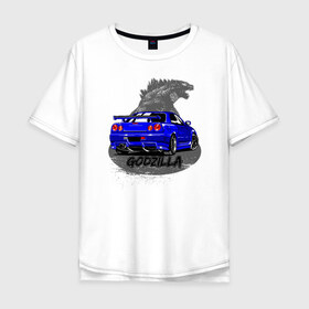 Мужская футболка хлопок Oversize с принтом R34 GODZILLA в Тюмени, 100% хлопок | свободный крой, круглый ворот, “спинка” длиннее передней части | Тематика изображения на принте: jdm | nissan | skyline | ниссан | скайлайн | форсаж