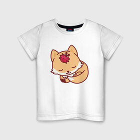 Детская футболка хлопок с принтом Лисенок и Божья коровка в Тюмени, 100% хлопок | круглый вырез горловины, полуприлегающий силуэт, длина до линии бедер | Тематика изображения на принте: fox | лис | лиса | лисенок | лисица | милая | пушистик | рыжая