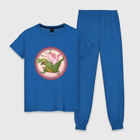 Женская пижама хлопок с принтом Вперёд к мечте! в Тюмени, 100% хлопок | брюки и футболка прямого кроя, без карманов, на брюках мягкая резинка на поясе и по низу штанин | Тематика изображения на принте: bird born | арт | единорог | животные | иллюстрация | ирония | комиксы | мечта | милота | мотивация | тирекс | юмор