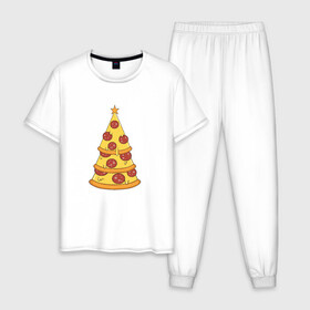 Мужская пижама хлопок с принтом Пиццеёлка в Тюмени, 100% хлопок | брюки и футболка прямого кроя, без карманов, на брюках мягкая резинка на поясе и по низу штанин
 | bird born | арт | веселье | еда | ёлка | иллюстратор | иллюстрация | новый год | пепперони | пицца | радость | рисунок | юмор