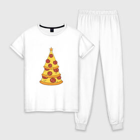 Женская пижама хлопок с принтом Пиццеёлка в Тюмени, 100% хлопок | брюки и футболка прямого кроя, без карманов, на брюках мягкая резинка на поясе и по низу штанин | bird born | арт | веселье | еда | ёлка | иллюстратор | иллюстрация | новый год | пепперони | пицца | радость | рисунок | юмор