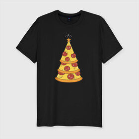 Мужская футболка премиум с принтом Пиццеёлка в Тюмени, 92% хлопок, 8% лайкра | приталенный силуэт, круглый вырез ворота, длина до линии бедра, короткий рукав | bird born | арт | веселье | еда | ёлка | иллюстратор | иллюстрация | новый год | пепперони | пицца | радость | рисунок | юмор
