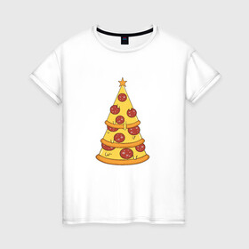 Женская футболка хлопок с принтом Пиццеёлка в Тюмени, 100% хлопок | прямой крой, круглый вырез горловины, длина до линии бедер, слегка спущенное плечо | bird born | арт | веселье | еда | ёлка | иллюстратор | иллюстрация | новый год | пепперони | пицца | радость | рисунок | юмор