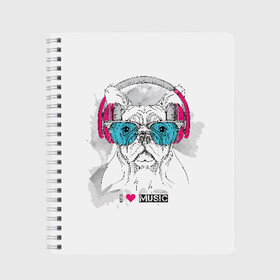 Тетрадь с принтом I love music в Тюмени, 100% бумага | 48 листов, плотность листов — 60 г/м2, плотность картонной обложки — 250 г/м2. Листы скреплены сбоку удобной пружинной спиралью. Уголки страниц и обложки скругленные. Цвет линий — светло-серый
 | animal | breed | bulldog | dog | emerald | graphic drawing | headphones | heart | i love music | music | music lover | pink | the inscription | бульдог | графический рисунок | животное | изумрудные | меломан | музыка | надпись | наушники | очки 