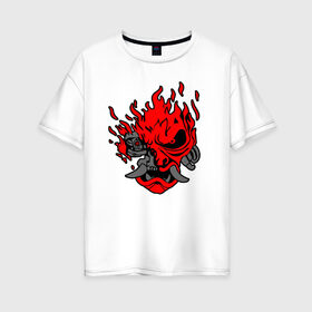 Женская футболка хлопок Oversize с принтом CYBERPUNK 2077 (КИАНУ РИВЗ) в Тюмени, 100% хлопок | свободный крой, круглый ворот, спущенный рукав, длина до линии бедер
 | cd project red | cyberpunk 2077 | keanu reeves | samurai | киану ривз | киберпанк 2077 | самураи