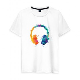Мужская футболка хлопок с принтом Красочные Наушники в Тюмени, 100% хлопок | прямой крой, круглый вырез горловины, длина до линии бедер, слегка спущенное плечо. | dj | music | брызги | диджей | краски | музыка | наушники