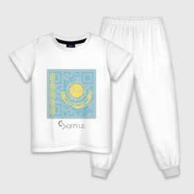 Детская пижама хлопок с принтом QR-Kazakhstan в Тюмени, 100% хлопок |  брюки и футболка прямого кроя, без карманов, на брюках мягкая резинка на поясе и по низу штанин
 | cxstyle | qr | казахстан | код | символ | страна | флаг