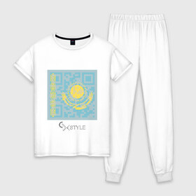 Женская пижама хлопок с принтом QR-Kazakhstan в Тюмени, 100% хлопок | брюки и футболка прямого кроя, без карманов, на брюках мягкая резинка на поясе и по низу штанин | cxstyle | qr | казахстан | код | символ | страна | флаг